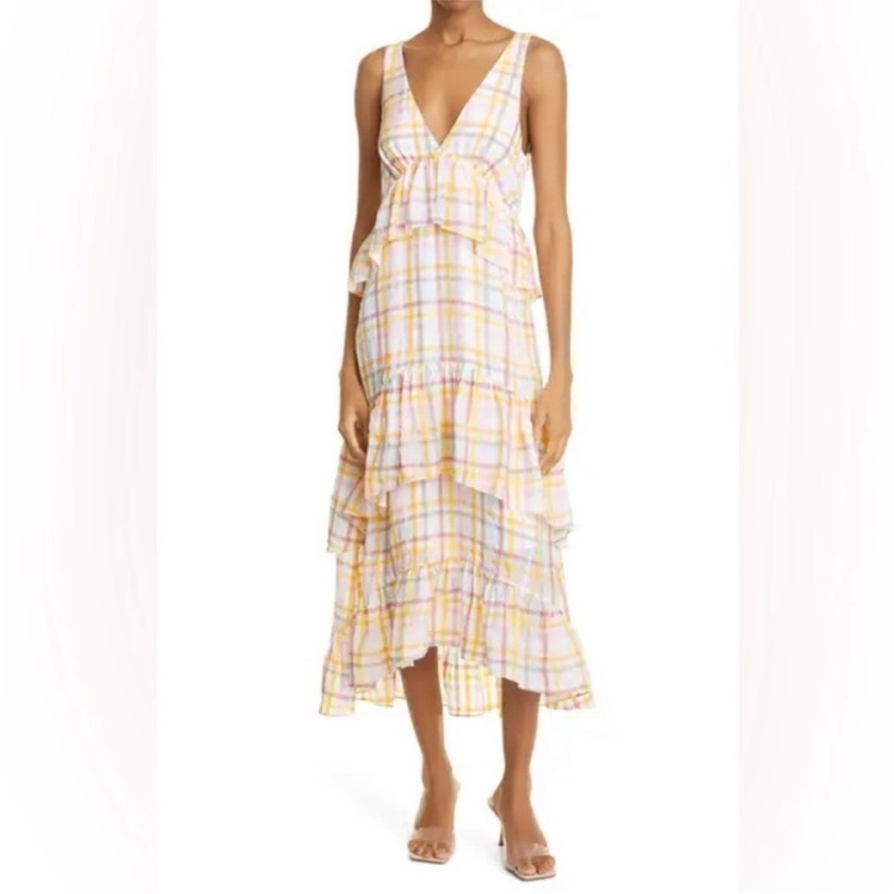 Cinq A Sept NWT gingham plaid tiered midi ruffle dress size 4 ASTOR